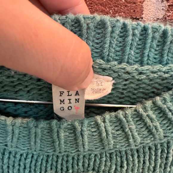 Flamingo Teal Pom-Pom Sweater Women's M | Chunky Knit, Cozy Boho Pullover - Picture 6 of 9